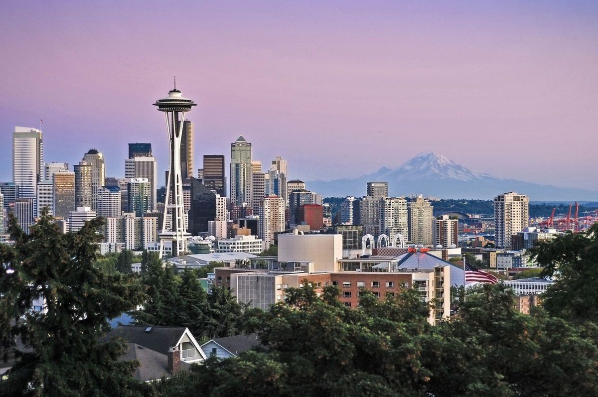 Seattle skyline with the Space Needle and Mount Rainier